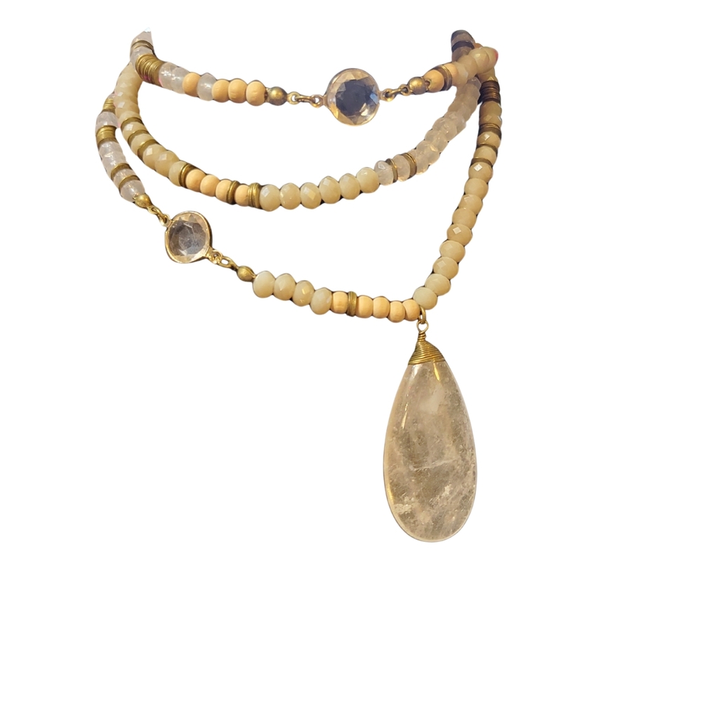 Loft One Strand Beaded Wood & Crystal Chic Necklace W/ Quartz Pendant (40in)